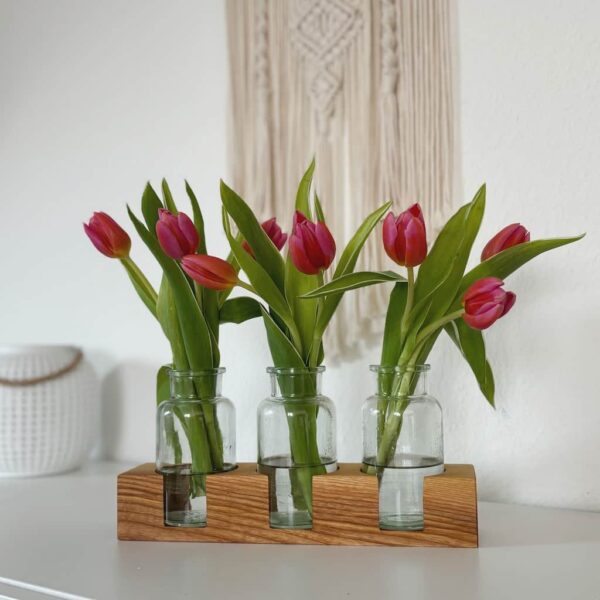 schöne Frühlingsdeko - Tischvase aus Holz und Glas 3 er - ideal als Tulpenvast