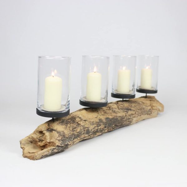 Uriger Adventsbalken aus Schwemmholz mit Kerzenpicks und 4 passenden Gläsern